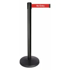This retractable belt post barrier features a black metal alloy post and a red ABS belt with a white 'No Entry' message. The belt extends to 10 ft in length and is 2 in wide. It is used for pedestrian flow management and access restriction in industrial facilities, warehouses, and public spaces.
