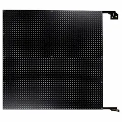 This round-hole pegboard panel measures 72 inches by 48 inches by 1 1/2 inches and features 1/4 inch peg holes. Constructed from steel and ABS with a powder-coated black finish, it includes mounting hardware. Suitable for organizing tools and equipment in workshops, garages, and warehouses.