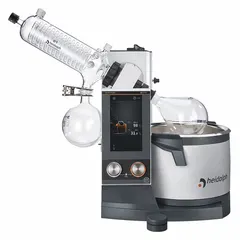 This manual lift rotary evaporator from HEIDOLPH has a 5 L capacity and a speed range of 10 RPM to 280 RPM. It features a 1,300 W heating capacity, LED ring lights with pictogram, and a G1 diagonal condenser. The unit does not include a vacuum controller or vapor temperature sensor. Typical applications include solvent removal, concentration, and distillation in laboratory settings.