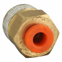 Brass push-to-connect adapter fitting with 1/8" BSPT male thread. Connects 1/8" OD polybutylene or brass tubing to threaded ports. Used in pneumatic systems and fluid handling for leak-free joints