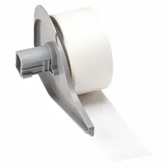 White polyester continuous label roll, 1 inch width by 50 feet length. Halogen-free material suitable for industrial identification applications. Compatible with BMP71 printer series. Used for wire, cable, and component labeling in manufacturing and electrical environments.