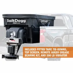 This broadcast spreader is powered by the vehicle battery and mounts in a truck bed. It features a stainless steel frame and a poly hopper for corrosion resistance. Suitable for distributing seed, fertilizer, or salt over large areas.