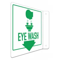 This L-Shape projection sign marks the location of an eye wash station. It features an 8 x 8 inch aluminum face with Engineer Grade retroreflective sheeting for visibility. The sign is mounted via pre-drilled holes and is suitable for indoor or sheltered outdoor use in industrial facilities