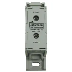 DIN-rail mount power distribution block with lug-to-lug connections. Accepts line-side wire sizes from 14 AWG to 2/0 AWG. Suitable for use with aluminum conductors. Used in industrial control panels for distributing power from a single input to multiple outputs.