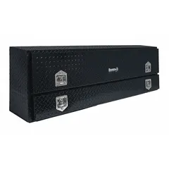 This topside truck box features a single flip-up door with T-handle and keyed lock for secure storage. Constructed of aluminum with a black finish, it is suitable for organizing tools and equipment in service vehicles.