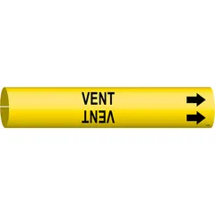 Yellow pipe marker with black 'Vent' legend and directional arrows. Fits pipe outer diameters from 1-1/2 to 2-3/8 inches. Snap-on design for quick installation without tools. Used to identify vent pipes and indicate flow direction in industrial piping systems.