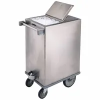 This stainless steel ice caddy features a hinged door and swivel casters for easy mobility. With a depth of 1 3/8 in and a gray finish, it is designed for transporting and storing ice in commercial settings