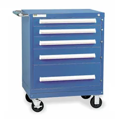 Steel cabinet with powder-coated bright blue finish, five drawers with pull handles, adjustable dividers, and a steel work surface. Includes one drawer with 2-1/4 in height and one drawer with 8-1/2 in inside height, each with 24 compartments. Base has two swivel casters with brakes and two rigid casters with rubber treads. Suitable for organized storage of tools, parts, and supplies in workshops and industrial facilities.