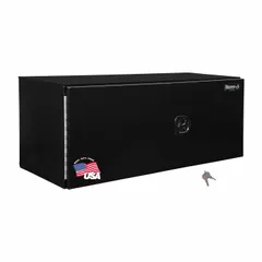 This double barn-door box from BUYERS PRODUCTS is designed for underbody truck mounting. It features an 18-inch overall depth, a black finish, and a keyed lock for security. Suitable for storing tools and equipment in fleet and vehicle maintenance applications.
