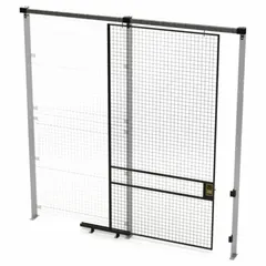 This slide door is a quick-assemble woven-wire partition component for creating secure access points in industrial storage enclosures, machine guarding, or warehouse segregation systems. It measures 10 ft H x 5 ft W x 1 3/4 in D and is constructed from steel with a black powder-coated finish.