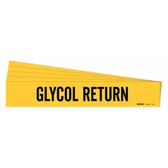 Yellow pipe marker with black legend text reading 'Glycol Return'. Fits pipe outer diameters from 2-1/2 to 7-7/8 inches. Supplied as a 5-pack with one marker per pack, without arrows. Used to identify glycol return piping in HVAC and industrial systems.