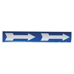 This vinyl pipe marker features a blue background with white legend text and directional flow arrow. It measures 7 inches wide by 2 1/4 inches long and is supplied on a 7-inch wide roll. Non-reflective, it is used for identifying pipe contents and indicating flow direction in industrial piping systems.