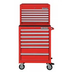 This light-duty top chest and rolling cabinet combination features 13 drawers with ball-bearing slides for smooth operation. The keyed locking system secures stored tools. Finished in red powder coating, the unit measures 26-3/4 in W x 18 in D x 39-1/2 in H. Suitable for organizing tools in workshops, garages, and light industrial settings.