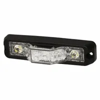 Green LED perimeter warning light with rectangular shape, 1 5/16 in overall width. Operates on 12-24V DC with 29 selectable flash patterns. Includes bolt mount and blunt cut wires for electrical connection. Used to enhance vehicle visibility in industrial environments such as warehouses and loading docks