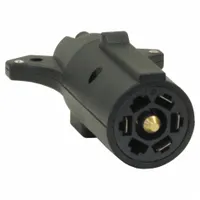 This adapter converts a 7-Way Blade connector to a 5-Way Flat configuration. Constructed from plastic, it enables compatibility between different trailer wiring systems for towing applications