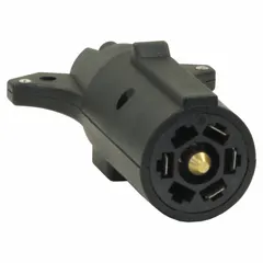 This adapter converts a 7-Way Blade connector to a 5-Way Flat configuration. Constructed from plastic, it enables compatibility between different trailer wiring systems for towing applications.