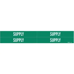 Green adhesive pipe markers with white legend reading 'Supply'. Each set includes 4 markers without arrows, designed for pipe outer diameters from 3/4 to 2-3/8 inches. Used to identify supply lines in industrial piping systems, aiding in quick content recognition for maintenance and safety personnel.