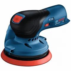 The BOSCH GEX12V-5N is a 12 V cordless random orbital disc sander supplied as a bare tool. It features a 5-inch diameter hook-and-loop pad with a 3/32-inch orbit for swirl-free sanding. Suitable for sanding wood, metal, and painted surfaces in automotive bodywork, cabinetry, and general fabrication.