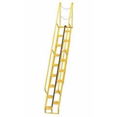 Steel alternating-tread stairs with a perforated yellow finish. Designed for space-efficient access to elevated platforms, mezzanines, and equipment in industrial settings. Overall height 14.5 ft, load capacity 350 lb.