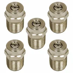 This threaded nozzle produces a fan spray pattern and is rated for 5,000 psi and 6.15 gpm. It features a male connection and is sold in a pack of 5. Suitable for high-pressure cleaning applications such as surface preparation and equipment maintenance.