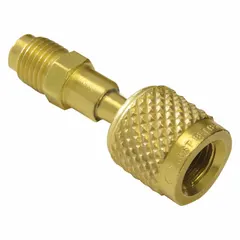 Quick coupler for refrigeration access valves, featuring a 1/4 in Female SAE Left-Hand connection and a Line 1/4 in SAE Male connection. Length: 3 in. Used to connect service hoses to system ports for charging, recovery, or evacuation.