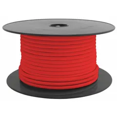 Single-conductor 14 AWG red primary wire with cross-linked polyethylene (XLPE) insulation rated for 50 V. Supplied on a 100 ft spool for heavy-duty automotive and marine electrical systems, including battery cables, starter circuits, and chassis wiring where heat and abrasion resistance are required.
