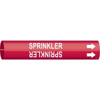 This snap-on pipe marker identifies sprinkler system piping. It features a red background with white legend text reading 'Sprinkler' and includes directional arrows. Designed to fit pipe outer diameters from 2-1/2 to 3-7/8 inches. Suitable for use in industrial facilities for clear pipe identification