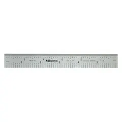 6-inch stainless steel rigid rule with chrome finish and etched graduations. Features decimal (1/100 in) and 1/64 in scales, inside-read design for tight spaces, and 0.05 in thickness. Includes black rigid vinyl case. Suitable for precision linear measurements in machining, inspection, and quality control applications.