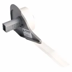 White vinyl continuous label roll measuring 3/8 in x 30 ft with a removable and repositionable adhesive. Compatible with the M710 printer series. Suitable for asset tagging, cable marking, and facility labeling where labels may need adjustment.