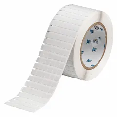 This precut label roll is made of polyimide with a matte white finish. Each label measures 2 25/64 inches by 5/16 inches. It is designed for use with the A8500 printer series. Typical applications include industrial identification and labeling where heat resistance is required.