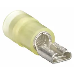 Female quick disconnect terminal with yellow nylon partial insulation. Accepts 12 AWG to 10 AWG wire. Used in electrical wiring for secure, removable connections in control panels, appliances, and automotive circuits.