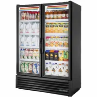 Commercial glass-door merchandiser for displaying and storing refrigerated beverages or food. Features a black finish, swing doors, and 8 shelves. Uses R-290 refrigerant. Dimensions: 79 in x 53 7/8 in x 30 3/8 in