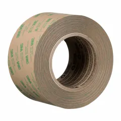 This general purpose adhesive transfer tape features a repositionable acrylic adhesive on a transparent polycoated kraft paper liner. It is designed for bonding films, foils, nameplates, and other materials in industrial assembly, signage, electronics, and appliance manufacturing. The tape allows precise placement before permanent bonding.
