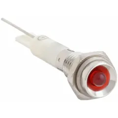 Red LED indicator pilot light with a protruding head for 6 mm panel mounting holes. Features a lead for soldering electrical connection. Used for visual status indication on industrial control panels and machinery.