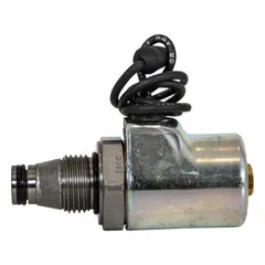 This solenoid coil and valve assembly is used in snowplow hydraulic systems to control fluid flow for raising, lowering, and angling the plow blade. It features a 3/8" stem and is designed for 12 VDC systems. The assembly includes both the solenoid coil and valve body for direct replacement.