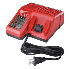 Charges MILWAUKEE 12V DC and 18V DC batteries. Charges a 3 Ah battery in 1 hour. Operates on 120V AC input. Suitable for job sites and workshops requiring fast battery turnaround.