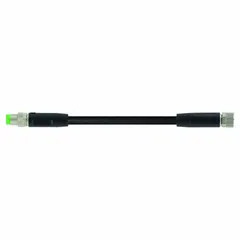 Double-ended cordset with M8 male straight connector on one end and M8 female straight connector on the other. Features 3 pins, 24 AWG wire, 5 m cable length, black PVC jacket, and IP68 rating. Suitable for connecting sensors and actuators in industrial automation, packaging, and material handling systems requiring flexing capability.