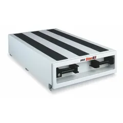 Steel bed-mount storage drawer unit with two drawers, measuring 48 inches deep, 24 inches wide, and 9 inches high. Finished in white. Designed for organizing tools and equipment in service trucks or vans, providing secure and accessible storage for heavy-duty applications.