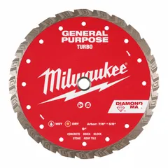 This 9-inch diamond blade features a turbo rim for wet or dry cutting of concrete, asphalt, block, brick, pavers, and roof tile. Suitable for use with masonry saws in construction and demolition applications.