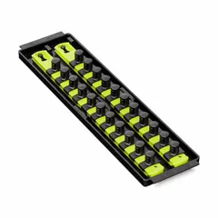 Socket organizer with 22 posts and clips for holding sockets. Overall width of 3-5/8 inches. Yellow color. Used in toolboxes or workstations to keep sockets sorted by size for automotive, industrial, and maintenance tasks.