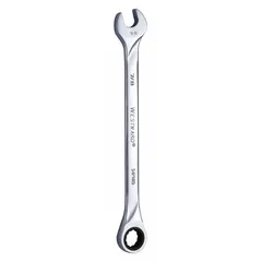 This SAE 12-point ratcheting combination wrench features a 7/8 in head size and 13 in overall length. Constructed of alloy steel with a chrome finish, it has a standard rounded design. Suitable for tightening or loosening fasteners in general industrial maintenance, repair, and assembly tasks.