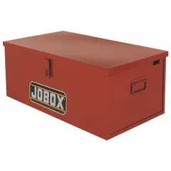 Chest-style jobsite box with 3.3 cubic feet capacity. Features a padlock hasp for securing contents (lock not included). Brown finish. Suitable for storing tools and equipment on construction sites, workshops, or job sites.