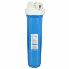 This blue polypropylene water filter housing has a 1-inch NPT connection, overall height of 24 1/2 inches, and overall diameter of 7 1/4 inches. It is used in commercial and industrial water filtration systems to hold compatible filter cartridges for reducing sediment and improving water quality.