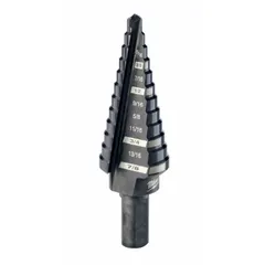 This step drill bit is made from high-speed steel with a black oxide finish. It drills progressively larger holes from 3/16" to 7/8" in thin materials such as sheet metal, plastic, and drywall. The 3-flats shank prevents slipping in the chuck. Commonly used in fabrication, electrical, and HVAC applications.