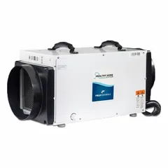 This in-duct dehumidifier is configured for dedicated return to dedicated supply with gravity drain. It is designed for installation in ductwork to manage humidity in unconditioned spaces such as basements and crawlspaces. The unit helps prevent mold growth and improve air quality by removing excess moisture from the air.