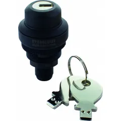 Key-operated selector switch with 2NO contact form and maintained/maintained switch action. Panel mounting size 22 mm, key removal in center position. Suitable for industrial control panels requiring key-operated circuit selection or safety interlock functions.