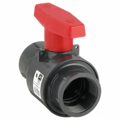 PVC ball valve with straight, FNPT x FNPT tee configuration. Rated for 235 psi CWP. Suitable for use in water, chemical, and process piping systems requiring corrosion resistance and manual shut-off.