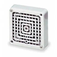 This indoor horn alarm operates at 120V AC and consumes 5 watts. It produces a horn sound for audible alerts in industrial environments such as factories, warehouses, and plants. The unit is finished in gray.