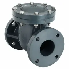 ASAHI inline swing check valve with flange x flange connections for 3/4 in pipe size. Body made of PVC with standard EPDM seal. Prevents backflow in piping systems handling corrosive fluids at moderate temperatures.