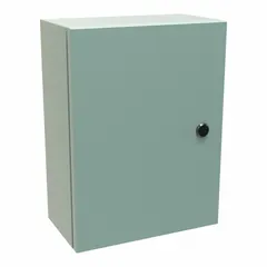 This steel washdown enclosure measures 16 x 12 x 6 inches and features a solid hinged cover secured with a 1/4-turn latch. Rated NEMA 12, 3R, and 4, it provides protection against dust, rain, and hose-directed water for indoor or outdoor use. Knockouts are not included. Typical applications include housing electrical controls and components in industrial environments requiring these NEMA ratings.